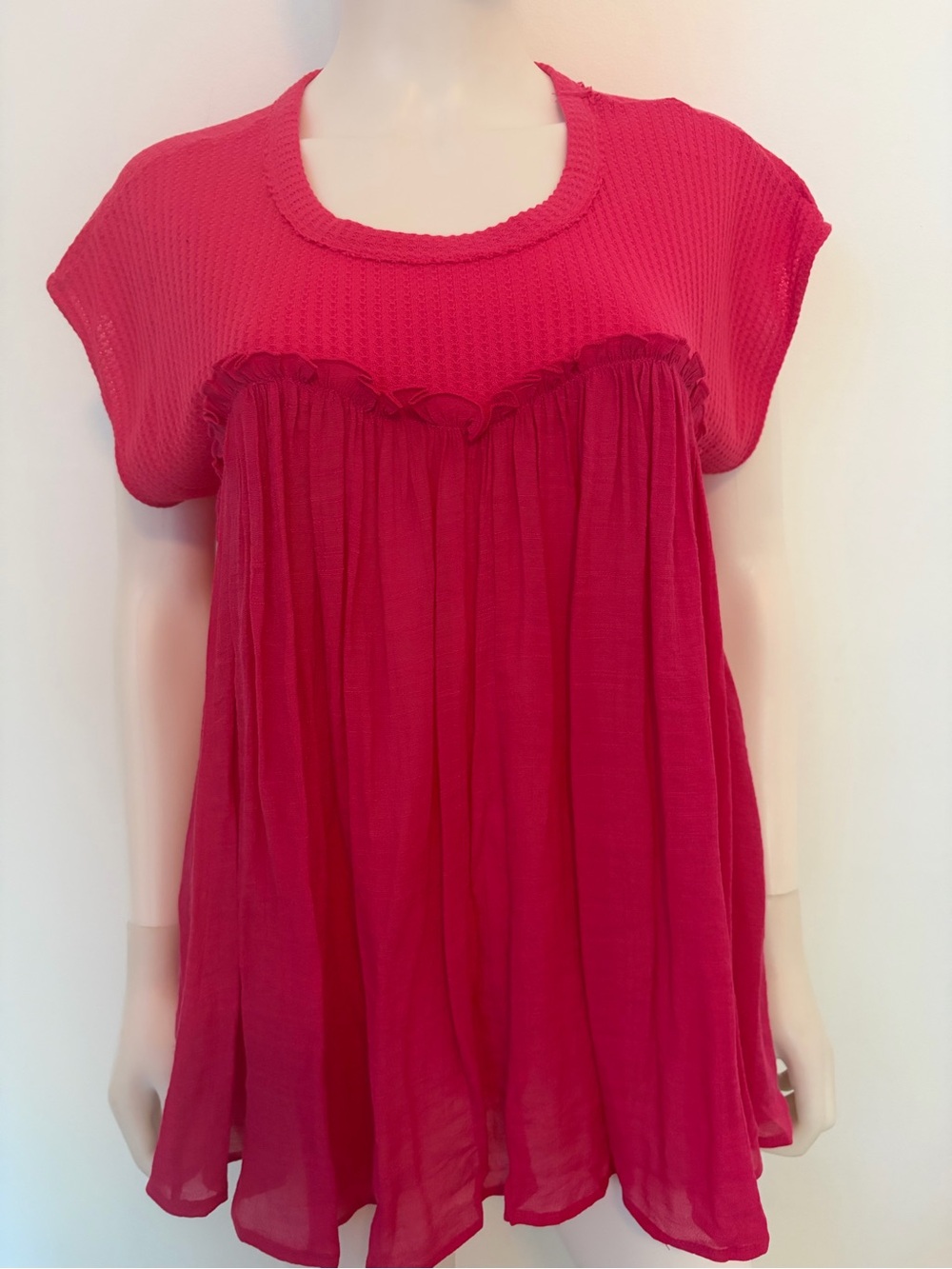 #729 Umgee Fuchsia Short Sleeve Pleated Babydoll Tunic